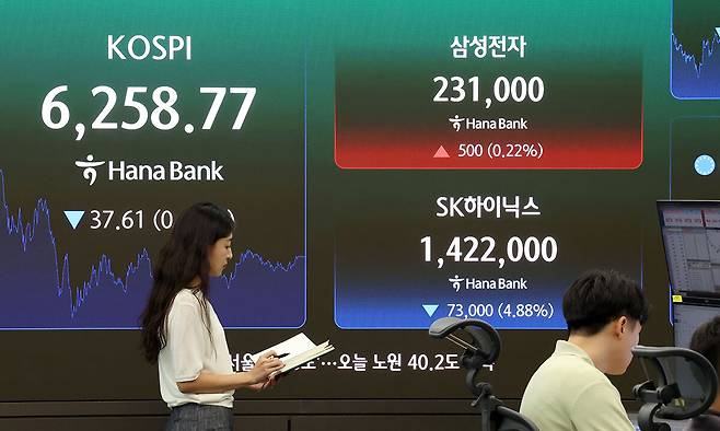 지난 7일 서울 중구 하나은행 딜링룸 현황판에 삼성전자와 SK하이닉스 주가가 표시되고 있다. 뉴스1