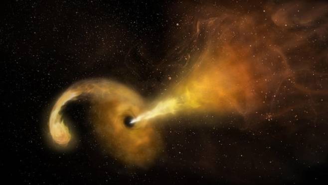별을 흡수하면서 조석 파괴 현상을 일으키는 블랙홀의 개념도. NRAO/AUI/NSF/NASA