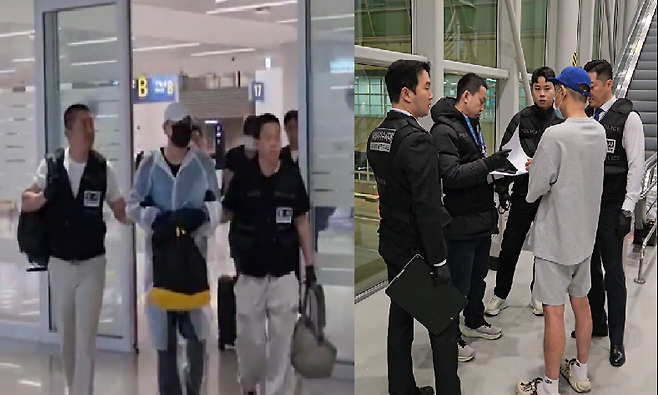 (왼쪽) 태국 방콕을 거점으로 검찰·금융감독원을 사칭해 보이스피싱 범행을 벌인 조직의 한국인 총책 홍씨가 지난 6월 12일 인천국제공항을 통해 국내로 송환되고 있다. (오른쪽)지난 3월 5일 국내로 송환된 조직원 조모씨가 경찰에 인계되고 있다. 서울경찰청 제공
