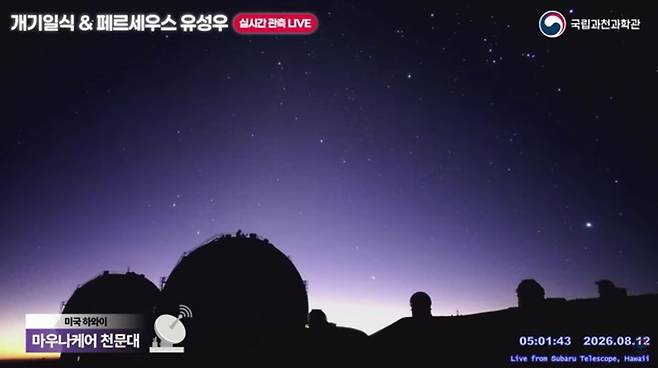 하와이 마우나케어에서 관측한 페르세우스 유성우의 모습. 사진 과천과학관 유튜브 캡처