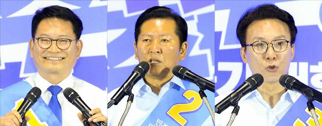 사진은 송영길, 정청래, 김민석 더불어민주당 당대표 후보가 지난 2일 울산 울주군 삼남면 울산전시컨벤션센터 3층 컨벤션홀에서 열린 더불어민주당 당대표 및 최고의원 후보자 선출을 위한 합동연설회에서 정견발표를 하고 있는 모습. /사진-뉴시스