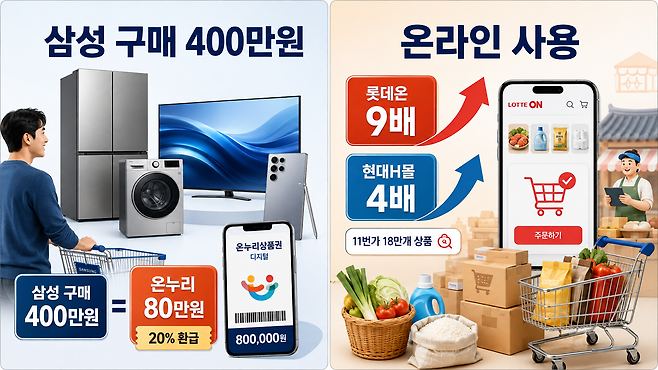 삼성전자 가전·모바일 제품 구매 고객에게 지급된 디지털 온누리상품권이 온라인 쇼핑몰 소비로 이어지는 모습을 표현한 이미지. 삼성전자 구매액 400만원 기준 80만원 상당의 온누리상품권이 지급되며, 롯데온과 현대H몰 등 온라인 사용처의 관련 거래도 늘고 있다. ChatGPT 생성 이미지