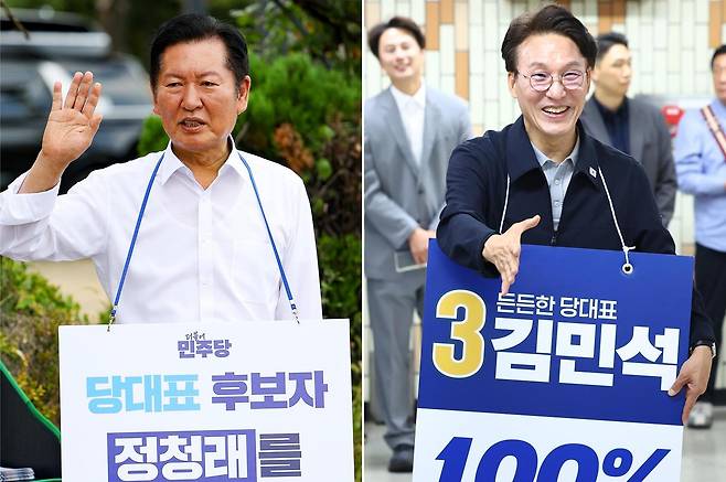 8·17 더불어민주당 전당대회를 앞두고 당권주자인 정청래(왼쪽 사진), 김민석 후보가 13일 오전 각각 서울 마포구 디지털미디어시티역과 은평구 연신내역에서 출근길 인사를 하고 있다. 민주당 권리당원 투표는 전남광주·전북이 14일까지, 서울·경기가 15일까지 진행된다. 뉴시스