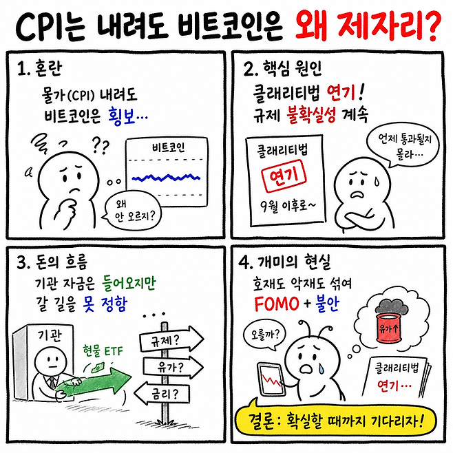 오늘의 4컷 만화-‘CPI는 내려도 비트코인은 왜 제자리?’ < 생성 : 챗GPT >