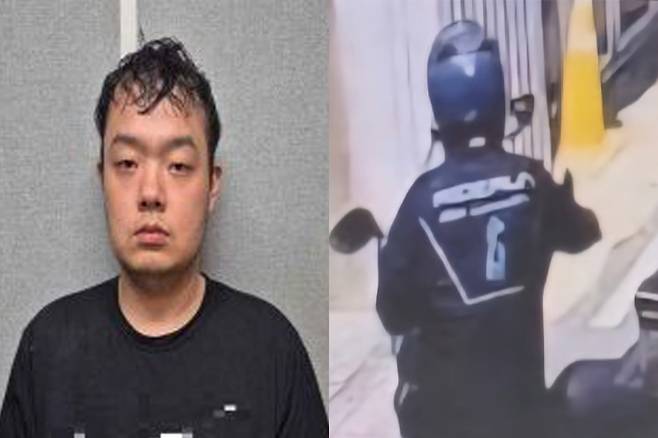대전 교제살인범 장재원 머그샷. 오른쪽은 지난해 7월29일 오후 대전 서구 괴정동 한 주택가에서 전 연인이었던 30대 여성을 흉기로 살해한 뒤 도주하는 장씨 모습. 대전경찰청 제공·SBS 보도화면 캡처