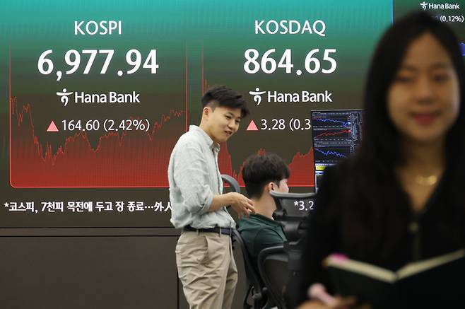 지난 14일 중구 하나은행 본점 딜링룸 전광판에 코스피 종가가 표시돼 있다. 연합뉴스