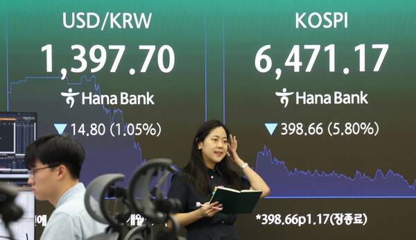 원/달러 환율이 14.1원 내린 1,397.7원에 거래를 마친 19일 서울 중구 하나은행 본점 딜링룸 전광판에 환율과 코스피가 표시돼있다. 연합뉴스