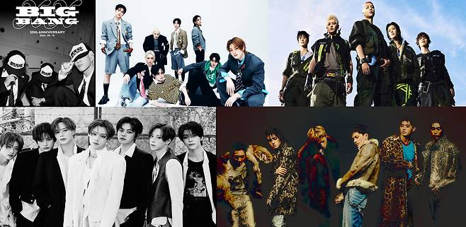 8월 컴백하는 그룹 빅뱅, 스트레이키즈, NCT 127, 엔하이픈, 알파드라이브원(윗줄 왼쪽부터 시계방향). YG엔터테인먼트·JYP엔터테인먼트·SM엔터테인먼트·빌리프랩·웨이크원 제공