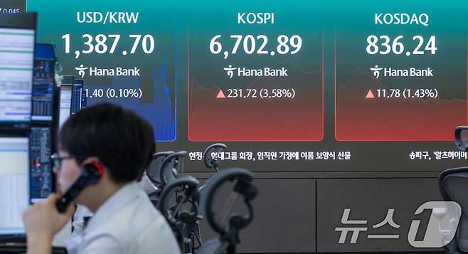 20일 오전 서울 중구 하나은행 딜링룸 전광판에 코스피, 코스닥 지수, 달러·원 환율 개장 후 시황이 나오고 있다. 2026.8.20 ⓒ 뉴스1 안은나 기자
