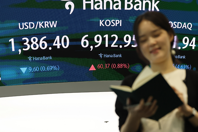 21일 서울 중구 하나은행 딜링룸 전광판의 코스피 종가. 연합뉴스