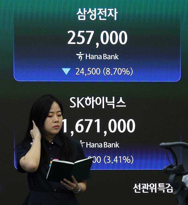 24일 오후 서울 중구 하나은행 본점 딜링룸 전광판에 삼성전자와 SK하이닉스 종가가 표시되고 있다. / 사진=뉴스1