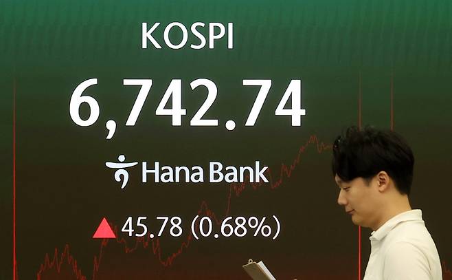 코스피가 전 거래일보다 0.68% 상승한 6742.74에 거래를 마친 25일 오후 서울 중구 하나은행 본점 딜링룸 전광판에서 마감 시황이 표시되고 있다./뉴시스 제공.