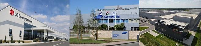 유럽연합(EU)이 지나치게 높은 중국산 배터리 의존도를 낮추기 위해 탈중국 공급망 정책과 규제를 강화하면서 LG에너지솔루션과 삼성SDI, SK온 등 한국 배터리 3사와 협력을 강화해야 한다는 목소리가 나온다. 사진은 LG에너지솔루션 폴란드 브로츠와프 공장, 삼성SDI 헝가리 괴드 1공장, SK온 헝가리 코마롬 2공장. (사진=각 사 제공)