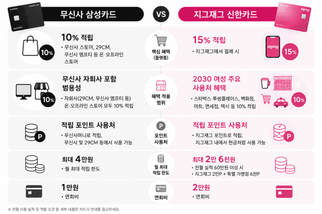챗GPT가 정리해준 무신사 삼성카드, 지그재그 신한카드 혜택 비교표.
