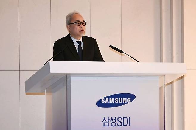 최주선 삼성SDI 대표이사 사장이 지난 3월 18일 서울 강남구 엘리에나호텔에서 열린 제 56기 정기 주주총회에서 발언하고 있다. 뉴시스.