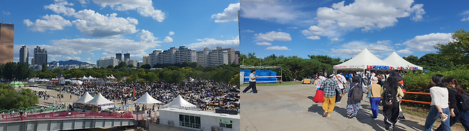 서울 여의도한강공원 일대가 서울세계불꽃축제를 기다리는 관람객들로 빼곡한 가운데, 행사장 주변에도 시민들의 발길이 이어지고 있다. 사진=최승한 기자