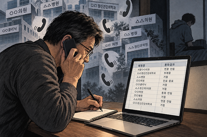 병원에 전화를 돌리는 아버지. AI 생성 이미지