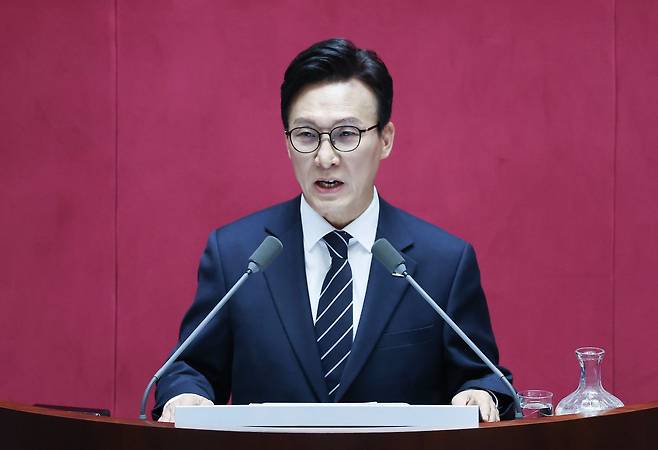 김민석 더불어민주당 대표가 7일 국회 본회의에서 교섭단체대표연설을 하고 있다. 임현동 기자
