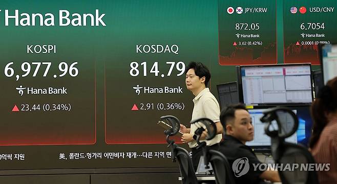 코스피 상승 출발 (서울=연합뉴스) 한종찬 기자 = 코스피가 전 거래일 대비 18.35포인트(0.26%) 오른 6,972.87로 출발한 9일 서울 하나은행 본점 딜링룸에서 딜러들이 업무를 보고 있다.2026.9.9 saba@yna.co.kr