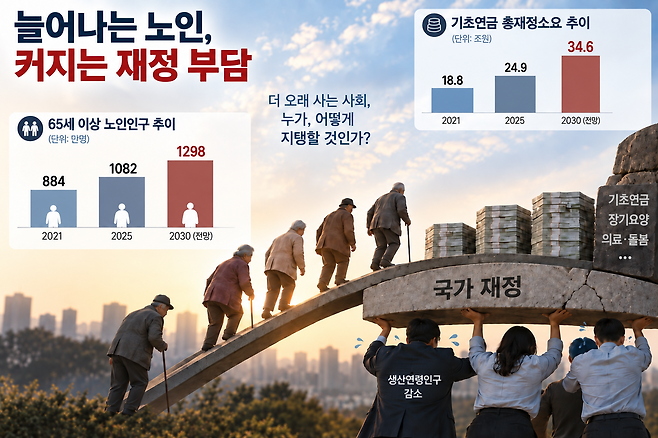 초고령사회에 접어들며 앞으로 노인 기초연금 재정부담이 큰 부담이 될 것이라는 우려가 나오고 있다. 기사의 내용을 바탕으로 생성한 이미지. 챗GPT