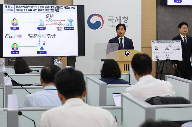 이성글 국세청 조사국장이 14일 정부세종청사 국세청 기자실에서 의식주 생활비 관련 물가 불안을 조장하는 탈세 혐의자에 대한 세무조사에 관해 브리핑하고 있다. 연합뉴스