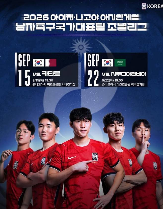 2026 아시안게임 축구 : 한국 카타르전 시간·중계 방송사 채널 KBS, MBC, SBS, TV조선 ©한국축구협회