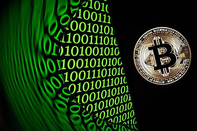 2025년 2월 11일 프랑스 동부 뮐루즈에서 촬영된 비트코인 관련 자료사진. 스마트폰 화면에 비트코인 로고가 표시돼 있다. AFP=연합뉴스