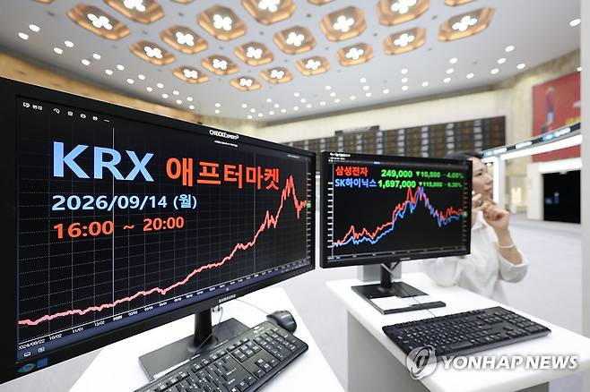 한국거래소 '애프터마켓' 개장 (서울=연합뉴스) 류효림 기자 = 지난 14일 서울 여의도 한국거래소에 애프터마켓이 개장되어 있다. 한국거래소(KRX)는 이날부터 오후 4시부터 8시까지 코스피·코스닥 시장을 대상으로 애프터마켓을 운영한다. 2026.9.14 ryousanta@yna.co.kr