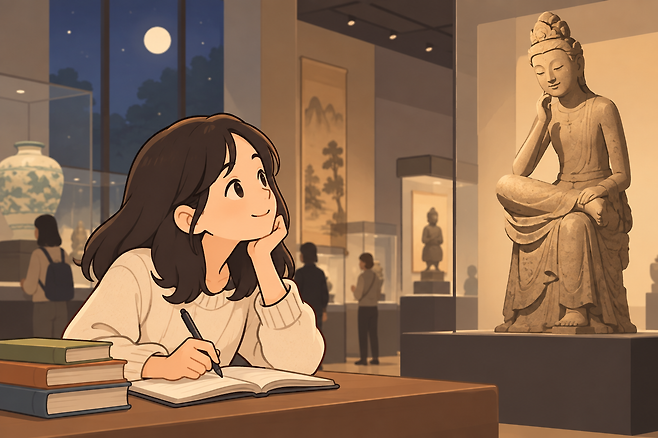 국립중앙박물관에서 문화유산을 감상하고 글로 표현하는 방법을 배우는 프로그램이 열린다. 생성형 AI로 만든 이미지
