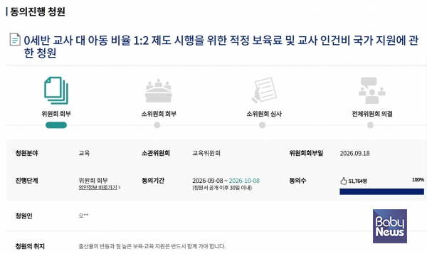 한국어린이집총연합회는 8일 '0세반 교사 대 아동 비율 1:2 제도 시행을 위한 적정 보육료 및 교사 인건비 국가 지원에 관한 청원'이라는 제목으로 국민청원을 제기했다. ⓒ국회전자청원