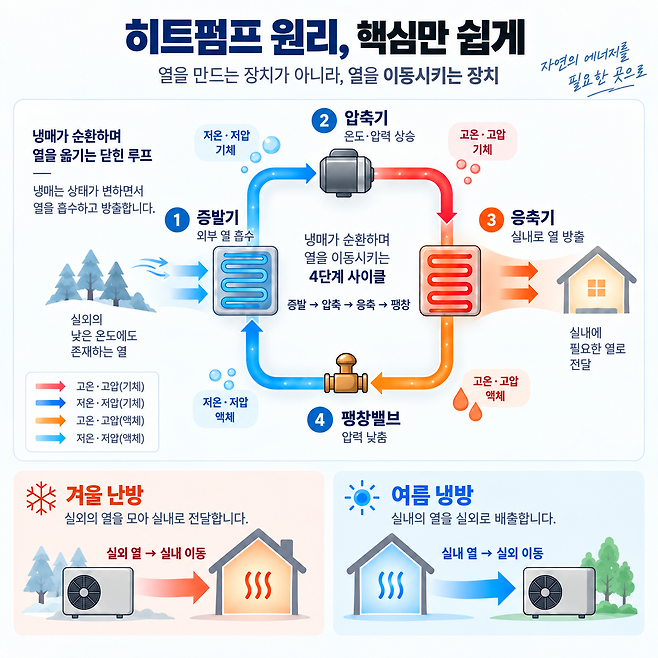 히트펌프 핵심 원리./생성형 AI로 제작한 이미지
