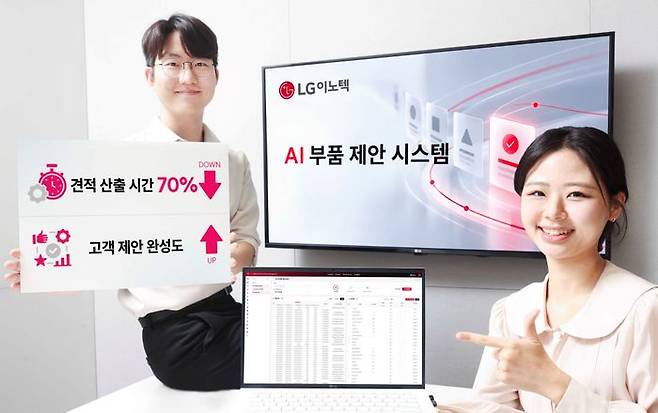LG이노텍 직원들이 ‘AI 부품 제안 시스템’을 소개하고 있다. 방대한 사내외 부품 데이터를 AI로 분석해, 부품별 사양과 가격을 한눈에 비교할 수 있는 시스템이다.ⓒLG이노텍
