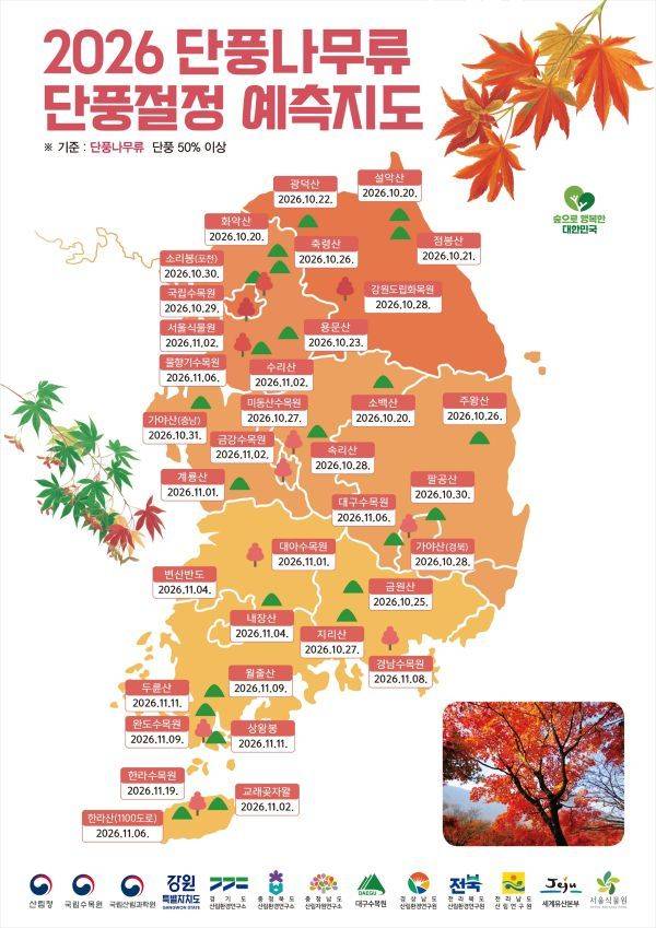 산림청이 예측한 2026 단풍 절정 예측지도, 단풍나무류./자료=산림청