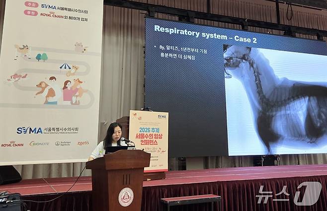 송선혜 더케어동물의료센터 원장이 20일 '2026 추계 서울수의임상컨퍼런스'에서 투시 영상 강연을 하고 있다. ⓒ 뉴스1