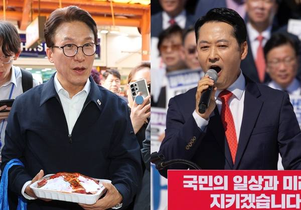 인천 남동구 모래내시장을 방문한 더불어민주당 김민석 대표와 이재명 정권 실정 대국민 보고대회에서 정권 규탄 구호를 외치는 국민의힘 장동혁 대표. 2026.9.22 /연합뉴스