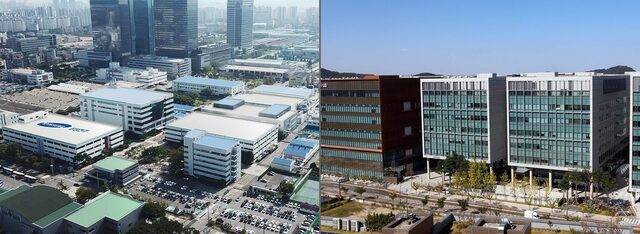 삼성전기 수원사업장과 LG이노텍 마곡 본사 전경. 각 사 제공