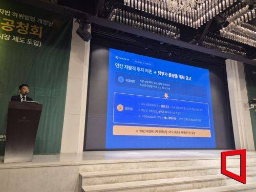 9월 30일 서울 엘리에나호텔에서 열린 'RPS 개편 재생에너지법 하위법령 개정안 대국민 공청회'에서 기후부 우석중 서기관이 발표하고 있다. 강희종기자