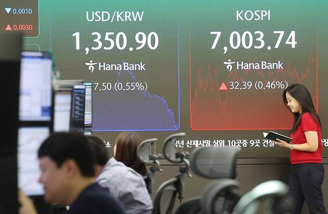 코스피가 상승하며 5거래일 만에 7000선에서 마감한 2일 서울 중구 하나은행 딜링룸에서 직원들이 업무를 보고 있다. 이날 코스피는 32.39p(0.46%) 오른 7,003.74로 거래를 종료했다. /사진=연합뉴스