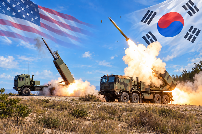 미국산 다연장로켓 하이마스(왼쪽)와 한국산 천무의 폴란드형 호마르-K 발사 장면을 국기 배경과 합성했다. 미 육군·폴란드군 제공. AI 활용 합성 이미지