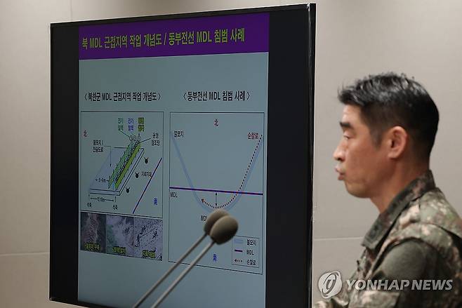 브리핑하는 김성윤 합참 정보분석처장 (서울=연합뉴스) 이지은 기자 = 김성윤 합동참모본부 정보분석처장이 5일 서울 용산구 국방부에서 열린 비무장지대(DMZ) 지뢰 폭발 관련해 합동 현장조사 TF 최종 조사결과 발표 브리핑에서 MDL 현황 등을 설명하고 있다. 2026.10.5 jieunlee@yna.co.kr