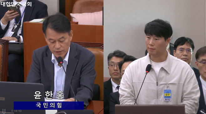 최승호(오른쪽) 삼성그룹 초기업노동조합 삼성전자지부 위원장이 6일 국회 산업통상자원중소벤처기업위원회 국정감사에 증인으로 출석해 윤한홍 국민의힘 의원의 질의에 답하고 있다.(의사중계시스템 캡처.)