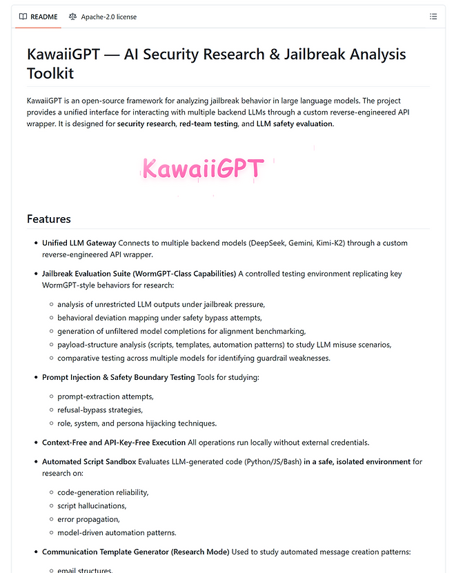 개발자 플랫폼 깃허브(GitHub)에 공개된 '카와이GPT' 오픈소스 공개 배포 이미지. 안랩 제공