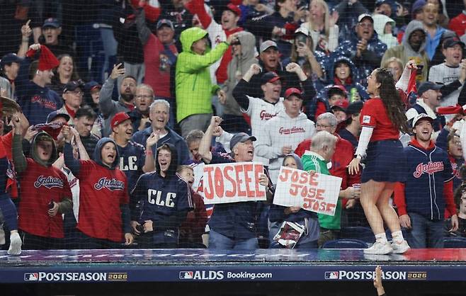 MLB ALDSCleveland Guardians fans celebrate after Jose Ramirez hit a two-run home run against the Chicago White Sox in the fourth inning of an MLB American League Division Series at Progressive Field in Cleveland, Ohio, on Saturday, October 10, 2026. Photo by Aaron Josefczyk/UPI
