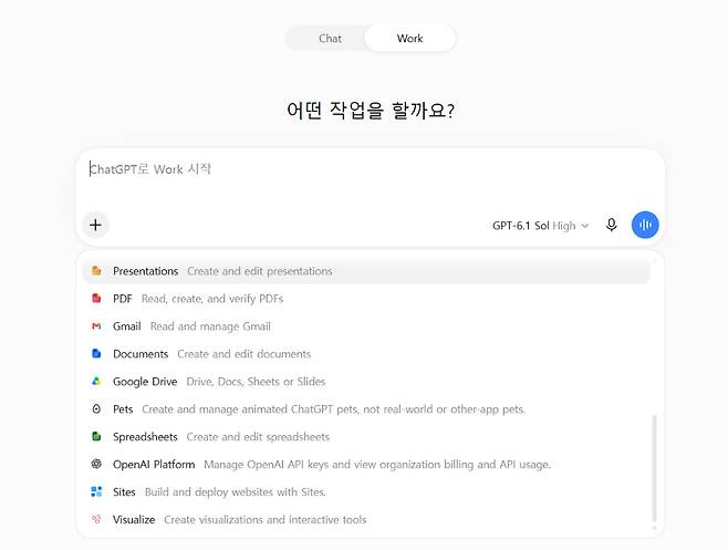 챗GPT 워크에서 프레젠테이션, 도큐먼트, 스프레드시트 등의 기능을 사용할 수 있다. / 챗GPT 서비스 홈페이지 캡처 후 일부 편집