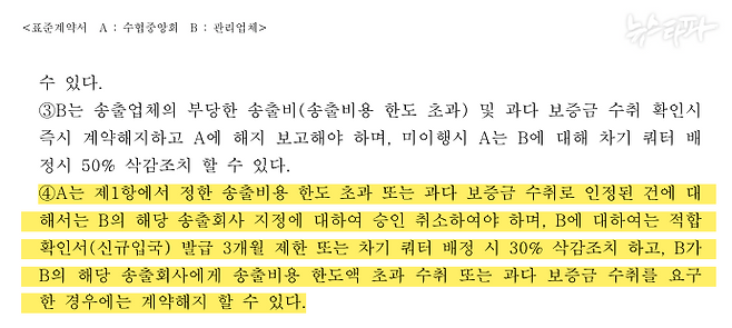 2026년 5월 1일자 수협중앙회의 '외국인선원관리 기본계약서' 중 15조(송출비용의 징수) 4항.