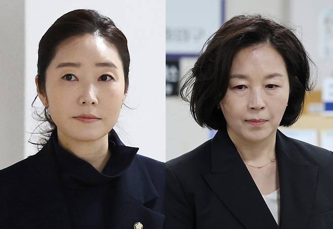 공천헌금 명목으로 1억원을 주고받은 혐의를 받는 강선우 무소속 의원(왼쪽)과 김경 전 서울시의원이 14일 오후 서초구 서울중앙지방법원에서 열린 1심 선고 공판에 출석하고 있다./뉴스1