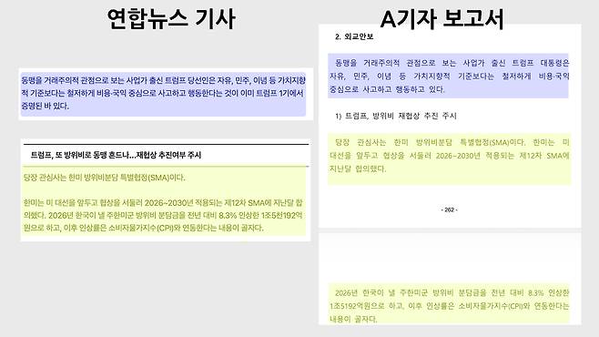 A기자 보고서 '외교안보' 부분에, 연합뉴스 기사 본문이 그대로 짜깁기 되어 있다.