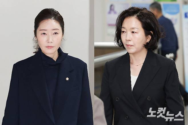 공천헌금 명목으로 1억원을 주고받은 혐의를 받는 무소속 강선우 의원(사진 왼쪽)과 김경 전 서울시의원(사진 오른쪽)이 14일 오후 서초구 서울중앙지방법원에서 열린 1심 선고 공판에 각각 출석하고 있다. 류영주 기자