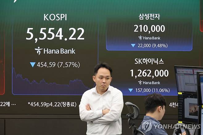 코스피·코스닥 폭락 마감 (서울=연합뉴스) 임화영 기자 = 인공지능(AI) 산업 수익성 논란 재점화 등으로 코스피와 코스닥이 폭락한 15일 서울 중구 하나은행 딜링룸에 코스피 종가가 표시돼있다. 2026.10.15 hwayoung7@yna.co.kr