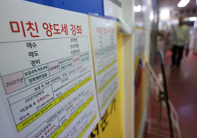 서울 서초구일대 공인중개사무소에 붙은 세제개편안 관련 안내문. 연합뉴스.
